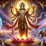 DALL·E 2024-12-28 18.41.28 - A larger-than-life and majestic depiction of Lord Indra, the king of the gods in Hindu mythology, standing tall in a divine setting. Indra is portraye